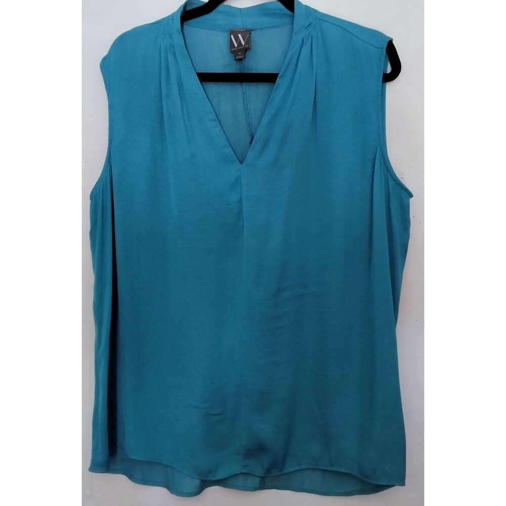💎Worthington Women XL Teal Blue Green Sleeveless Satin V-Neck Blouse Pleated